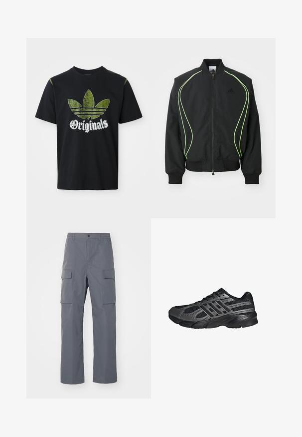 Čierna bombr jacket s neonovo zeleným lemovaním, rebrovanými manžetami a golierom. Má predný zips a bočné vrecko na zips. Vyrobené z ľahkého materiálu.; Čierne bavlnené tričko s roztrhnutým zeleným grafickým dizajnom so tromi pruhmi a slovom "Originals" pod ním v bielej farbe, okrúhly výstrih, krátke rukávy.; Šedé cargo nohavice vyrobené z odolnej tkaniny. Medzi vlastnosti patrí elastický pás, dve veľké bočné vrecká a strih s rovnými nohavicami.; Čierne športové topánky vyrobené z pletiva a syntetických materiálov, s textúrovaným povrchom, viacerými šedými pruhmi a polstrovaným golierom.