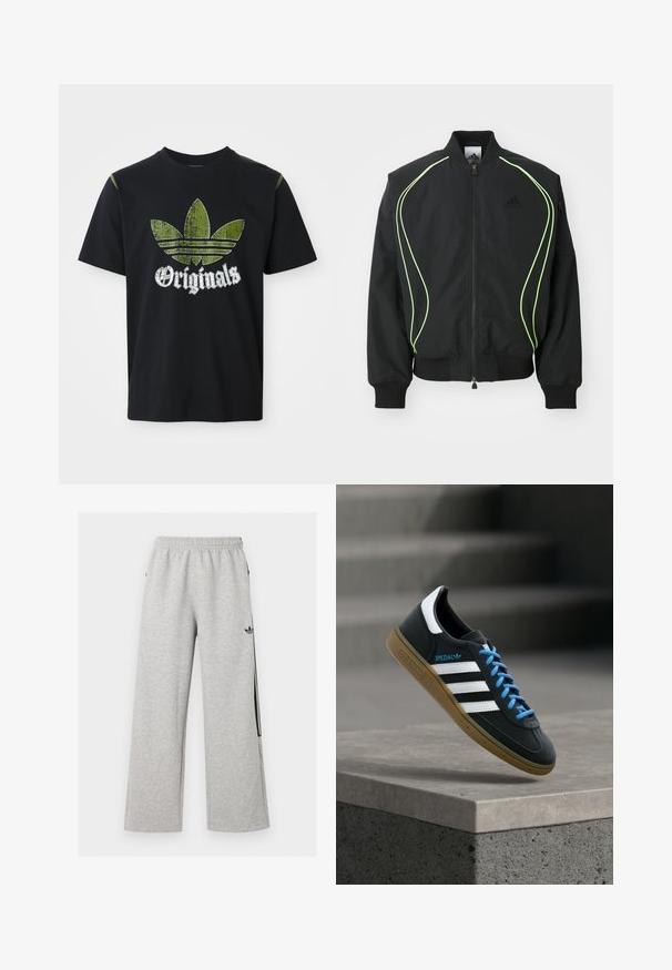 Čierna bombr jacket s neonovo zeleným lemovaním, rebrovanými manžetami a golierom. Má predný zips a bočné vrecko na zips. Vyrobené z ľahkého materiálu.; Čierne bavlnené tričko s roztrhnutým zeleným grafickým dizajnom so tromi pruhmi a slovom "Originals" pod ním v bielej farbe, okrúhly výstrih, krátke rukávy.; Svetlošedé široké tepláky s elastickým pásom a čiernym logom Adidas trefoil na pravom stehne.; Čierna teniska Adidas s bielymi pruhmi, modrými šnúrkami a gumovou podrážkou, ktorá sa vznáša nad sivým betónovým schodom v mäkkom svetle.