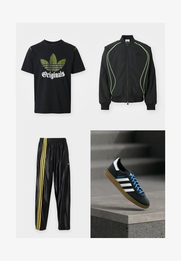 Zwarte bomberjack met neon groene piping, ribgebreide manchetten en kraag. Voorzien van een rits aan de voorkant en een zijzak met rits. Gemaakt van lichtgewicht materiaal.; Zwarte katoenen t-shirt met een versleten groene grafiek met drie strepen en het woord "Originals" hieronder in het wit, ronde halslijn, korte mouwen.; Zwarte sportbroek van glanzend materiaal met een elastische tailleband, voorzien van twee gele strepen langs de zijkant en een klein logo.; Zwarte Adidas-sneaker met witte strepen, blauwe veters en een gumzool die boven een grijze betonnen trede zweeft in zacht licht.