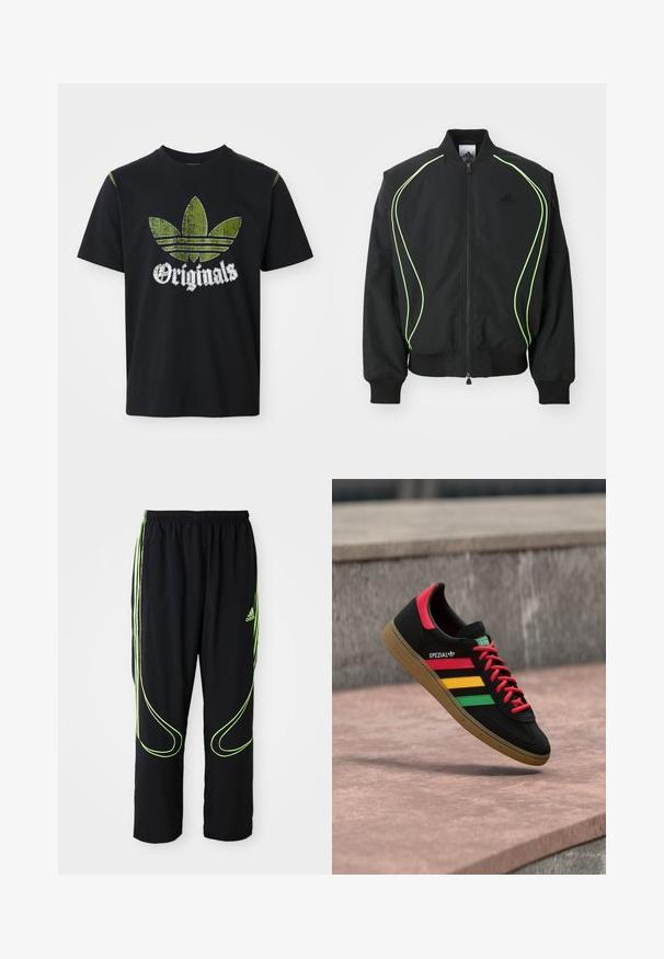 Chaqueta bomber negra con detalles en verde neón, puños y cuello acanalados. Presenta un cierre frontal con cremallera y un bolsillo lateral con cremallera. Está fabricada con material ligero.; Camiseta de algodón negra con un gráfico verde desgastado que presenta tres rayas y la palabra "Originales" debajo en blanco, cuello redondo, mangas cortas.; Pantalones deportivos Adidas negros con líneas curvas en verde neón y tres franjas en los laterales, cinturilla elástica y logo de Adidas en el muslo delantero.; Zapatilla Adidas Spezial negra con rayas rojas, amarillas y verdes, cordones rojos, suela de goma y detalle rojo en el talón, mostrada flotando sobre el pavimento.