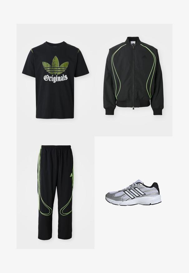 Čierna bombr jacket s neonovo zeleným lemovaním, rebrovanými manžetami a golierom. Má predný zips a bočné vrecko na zips. Vyrobené z ľahkého materiálu.; Čierne bavlnené tričko s roztrhnutým zeleným grafickým dizajnom so tromi pruhmi a slovom "Originals" pod ním v bielej farbe, okrúhly výstrih, krátke rukávy.; Čierne atletické nohavice Adidas s neonovo zelenými zakrivenými líniami a tromi pruhmi po stranách, elastickým pásom a logom Adidas na prednom stehne.; Mriežkovaná športová obuv v bielej a striebornej farbe, s čiernymi detailmi, logom troch bielych pruhov, polstrovaným golierom a textúrovanou gumovou podrážkou.