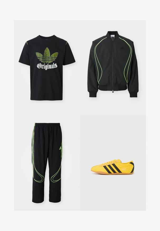 Čierna bombr jacket s neonovo zeleným lemovaním, rebrovanými manžetami a golierom. Má predný zips a bočné vrecko na zips. Vyrobené z ľahkého materiálu.; Čierne bavlnené tričko s roztrhnutým zeleným grafickým dizajnom so tromi pruhmi a slovom "Originals" pod ním v bielej farbe, okrúhly výstrih, krátke rukávy.; Čierne atletické nohavice Adidas s neonovo zelenými zakrivenými líniami a tromi pruhmi po stranách, elastickým pásom a logom Adidas na prednom stehne.; Žltá športová obuv s textúrovaným zvrškom, s čiernymi pruhmi a logom. Zaoblená špička, mäkká podrážka a vzor v tvare cik-cak na materiáli.