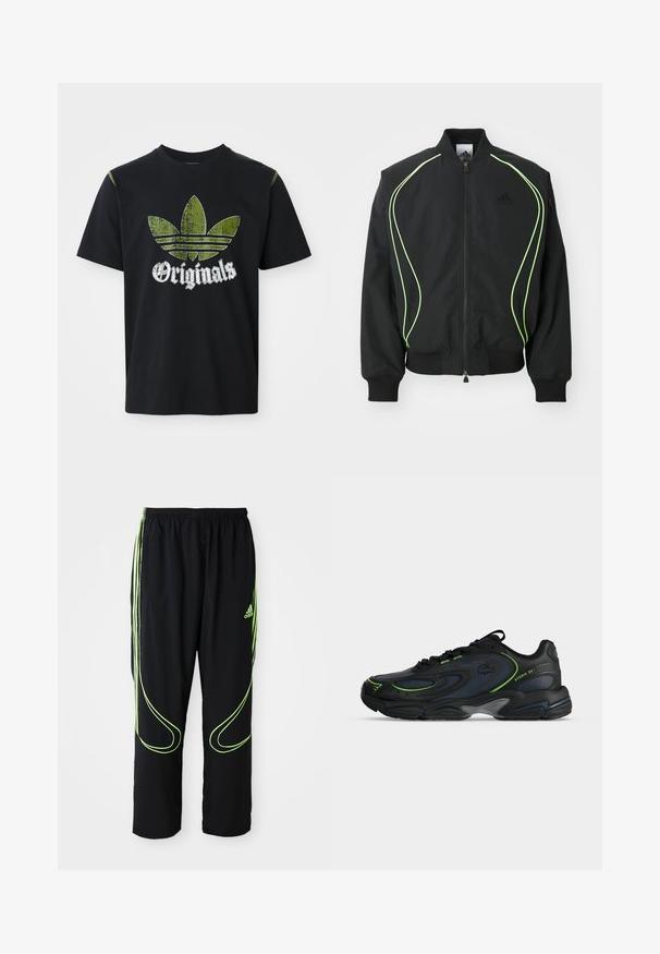 Chaqueta bomber negra con detalles en verde neón, puños y cuello acanalados. Presenta un cierre frontal con cremallera y un bolsillo lateral con cremallera. Está fabricada con material ligero.; Camiseta de algodón negra con un gráfico verde desgastado que presenta tres rayas y la palabra "Originales" debajo en blanco, cuello redondo, mangas cortas.; Pantalones deportivos Adidas negros con líneas curvas en verde neón y tres franjas en los laterales, cinturilla elástica y logo de Adidas en el muslo delantero.; Zapatilla negra y azul marino con detalles verdes, diseño con cordones y suela gruesa, vista lateral con el texto "STORM 2K" cerca del talón.