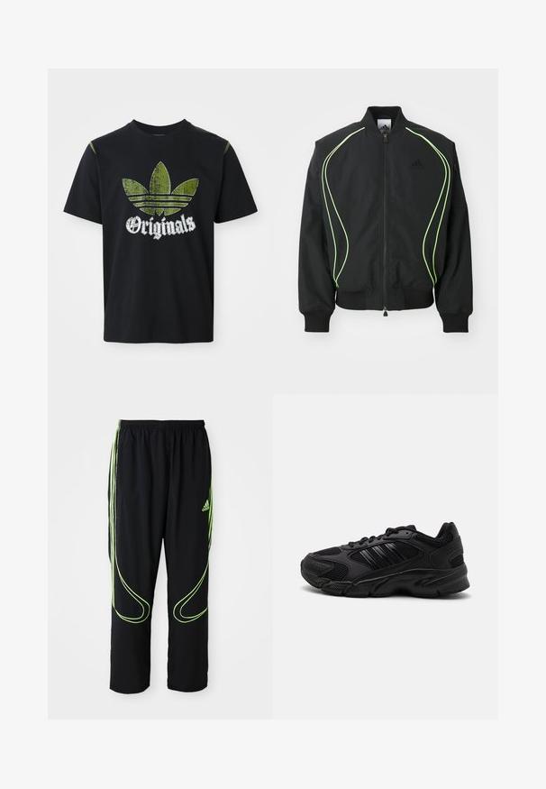Sort bomberjakke med neongrønne detaljer, ribbede manchetter og krave. Har lynlås foran og sidelomme med lynlås. Lavet af letvægtsmateriale.; Sort bomulds T-shirt med et slidt grønt grafik med tre striber og ordet "Originals" nedenfor i hvidt, rund halsudskæring, korte ærmer.; Sorte Adidas sportbukser med neongrønne buede linjer og tre striber på siderne, elastisk livrem og Adidas-logo på forsiden af låret.; Sorte træningssko med en kombination af åndbart mesh og syntetiske materialer. Distinct tekstureret sål og tre sorte striber på siden.