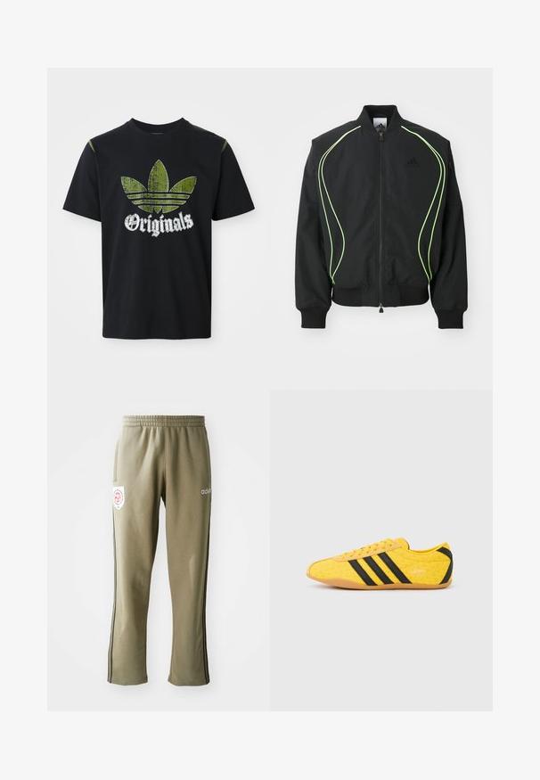 Čierna bombr jacket s neonovo zeleným lemovaním, rebrovanými manžetami a golierom. Má predný zips a bočné vrecko na zips. Vyrobené z ľahkého materiálu.; Čierne bavlnené tričko s roztrhnutým zeleným grafickým dizajnom so tromi pruhmi a slovom "Originals" pod ním v bielej farbe, okrúhly výstrih, krátke rukávy.; Olivové tepláky so širokým elastickým pásom, bočnými vreckami, čiernymi bočnými prúžkami a logom na stehne.; Žltá športová obuv s textúrovaným zvrškom, s čiernymi pruhmi a logom. Zaoblená špička, mäkká podrážka a vzor v tvare cik-cak na materiáli.