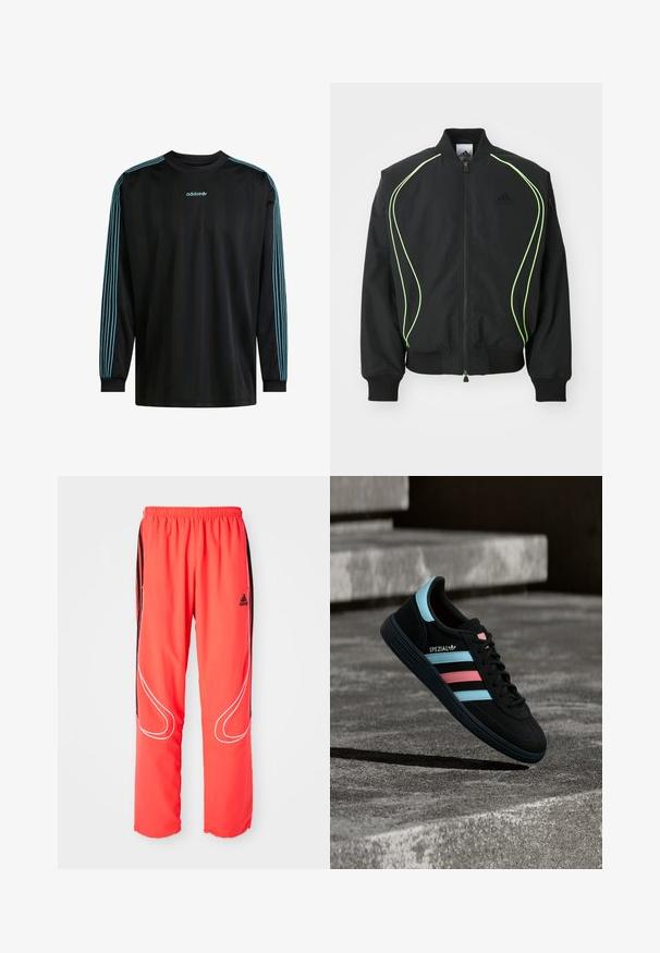 Čierna bombr jacket s neonovo zeleným lemovaním, rebrovanými manžetami a golierom. Má predný zips a bočné vrecko na zips. Vyrobené z ľahkého materiálu.; Čierna dlhá košeľa s rebrovaným golierom, s tromi tyrkysovými pruhmi na každom rukáve a logom Adidas na hrudi.; Červené športové nohavice so voľným strihom, elastickým pásom, čiernymi bočnými pruhmi a bielym lemovaním pozdĺž nohavíc. Logo Adidas na boku.; Čierna teniska Adidas Spezial s modrými a ružovými pruhmi, vznáša sa nad textúrovaným sivým betónovým povrchom so tieňom pod ňou.