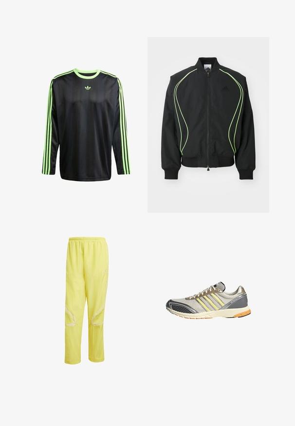 Schwarze Bomberjacke mit neongrüner Paspelierung, gerippten Bündchen und Kragen. Verfügt über einen Reißverschluss vorne und eine seitliche Reißverschlusstasche. Hergestellt aus leichtem Material.; adidas Originals JACQ - Langarmshirt - black signal green; Gelbe Trainingshose aus leichtem Stoff, mit einem Kordelzugbund, seitlichen Akzenten und einer glatten Textur.; Laufschuh mit silbernem Mesh-Obermaterial, gelben Akzenten, grauen Überzügen und einer gemusterten schwarz-weißen, strukturierten Sohle. Verfügt über eine Schnürverschluss.