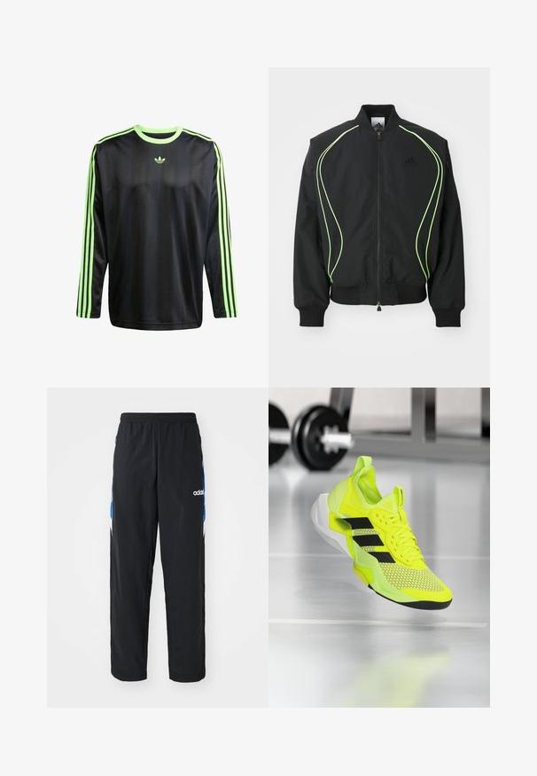 Mustmust must kaaluvate neoonroheliste detailidega, ribatatud mansettide ja kraega. Omab lukuga esiosa ja külgmist lukuga taskut. Valmistatud kergest materjalist.; adidas Originals JACQ - Pikkade varrukatega topp - black signal green; Mustad must ikksad mustad treeningpüksid, millel on elastne vöökoht, külgedel sinised ja valged graafilised detailid ning tikitud logo.; Neoonkollane spordijalats mustade detailidega, võrgust pealsed ja tekstuurse tallaga. Kerge disain, millel on pehmendusega kesktald tugevdust pakkuvaks.