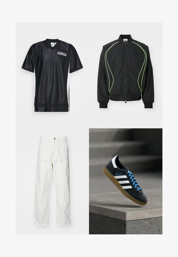 Mustmust must kaaluvate neoonroheliste detailidega, ribatatud mansettide ja kraega. Omab lukuga esiosa ja külgmist lukuga taskut. Valmistatud kergest materjalist.; Musta sportlik jersy, mis on valmistatud läikivast ja siledast kangast, V-kaelusega, valgete külge triipudega ja Adidas logo rinnal.; Valged puuvillased cargo püksid, millel on mugav lõige. Omadusteks on esikotid, kuldse riistvara aktsendid ja tugevdatud põlveosad.; Must Adidas toss valgete triibu, siniste paelte ja kummist tallaga, hõljuv pehme valgusega halli betoonastme kohal.