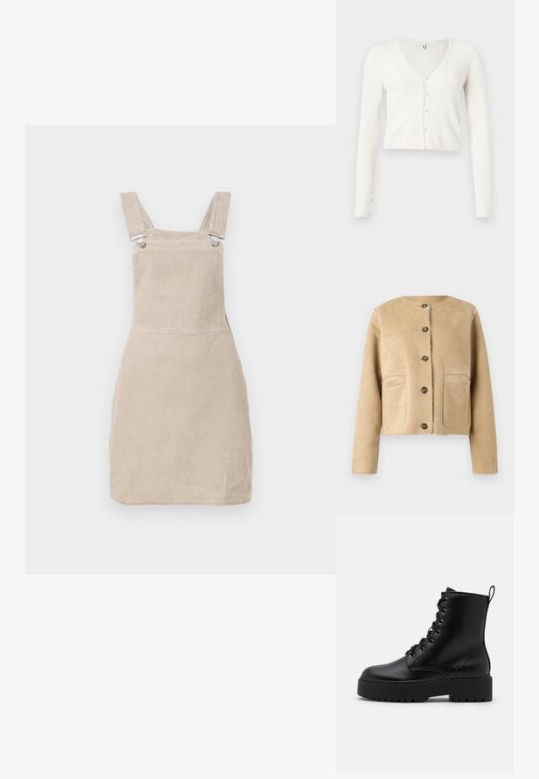 Beige suède jas met een ronde hals, vijf knopen en twee voorzakken. Korte, getailleerde snit met zichtbare naden. Gladde textuur.; Witte geribbelde cardigan met een V-hals, voorzien van een cropped zoom en zes parelachtige knopen aan de voorkant. Lange, getailleerde mouwen.; Beige corduroy tuinbroekjurk met verstelbare schouderbanden en metalen clips, met een rechte snit en geprofileerde verticale lijnen.; Zwarte leren enkelboot met een dikke, gestructureerde zool, ronde neus en metalen oogjes voor veters. Voorzien van een lus aan de achterkant.