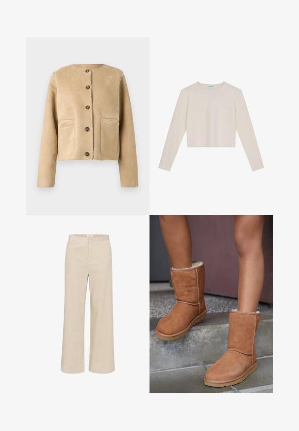 Veste en daim beige avec un col rond, cinq boutons et deux poches avant. Coupe courte et ajustée avec des coutures visibles. Texture lisse.; Top court à manches longues en tissu crème clair, présentant un col rond et un design minimaliste avec un léger détail de logo sur le devant.; Pantalons en velours côtelé beige à jambes larges, présentant une texture à côtes subtile, des passants de ceinture, une fermeture éclair à l'avant et deux poches latérales.; Bottines en suede marron, à bout rond, avec une doublure douce et une semelle en caoutchouc, présentant des détails de couture visibles le long des coutures.