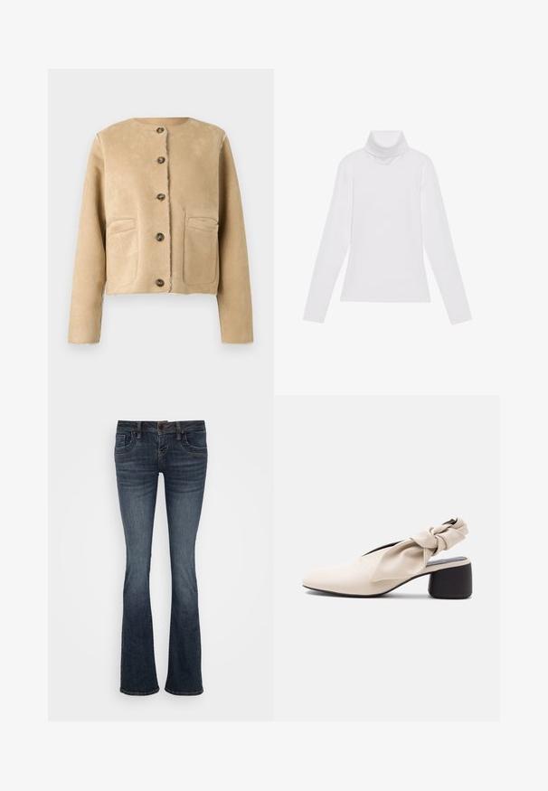 Beige Wildlederjacke mit rundem Ausschnitt, fünf Knöpfen und zwei Vordertaschen. Kurzer, taillierter Schnitt mit sichtbaren Nähten. Glatte Textur.; Weißes Langarm-Turtleneck-Oberteil aus glattem, elastischem Stoff. Mit hohem Kragen und tailliertem Schnitt, ohne sichtbare Muster oder Verzierungen.; Dunkelblaue ausgestellte Jeans mit mittelhohem Bund, fünf Taschen und subtilen Stichakzenten. Hergestellt aus Denim mit glatter Textur.; Beiger Damenschuh mit niedrigem Absatz, spitz zulaufender Spitze und verdrehtem Riemendetail über dem Spann und der Ferse.