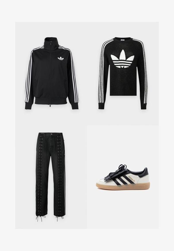 Sort lynlåstrøje lavet af glat stof med hvide tre-stribe accenter på ærmerne og et lille hvidt logo på brystet.; Sort striktrøje med et hvidt Adidas trefoil-logo og tre hvide striber på hver ærme. Tekstureret stof med let glimmer.; Sorte denimbukser med sidepaneler med snøredetaljer, maljer og justerbare snorelukninger ved kanten. Rette bukseben.; Hvid og sort Adidas Spezial-sneaker med gummisål, sorte striber og sort snørebåndsdække på en ensartet lys baggrund.