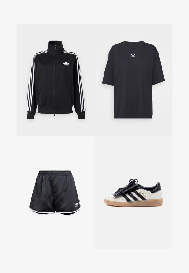 Zwarte jas met ritssluiting, gemaakt van gladde stof, met witte drie-strepen accenten op de mouwen en een klein wit logo op de borst.; Zwarte katoenen T-shirt met korte mouwen, ronde halslijn, voorzien van een wit Adidas-logo op de borst. Eenvoudig ontwerp, comfortabele pasvorm.; Zwarte sportshorts van glad synthetisch materiaal, met witte zijaccenten en een geborduurd logo op de linkerbenedenhoek.; Witte en zwarte Adidas Spezial sneaker met een gumzool, zwarte strepen en een zwarte veterhoes op een effen lichte achtergrond.