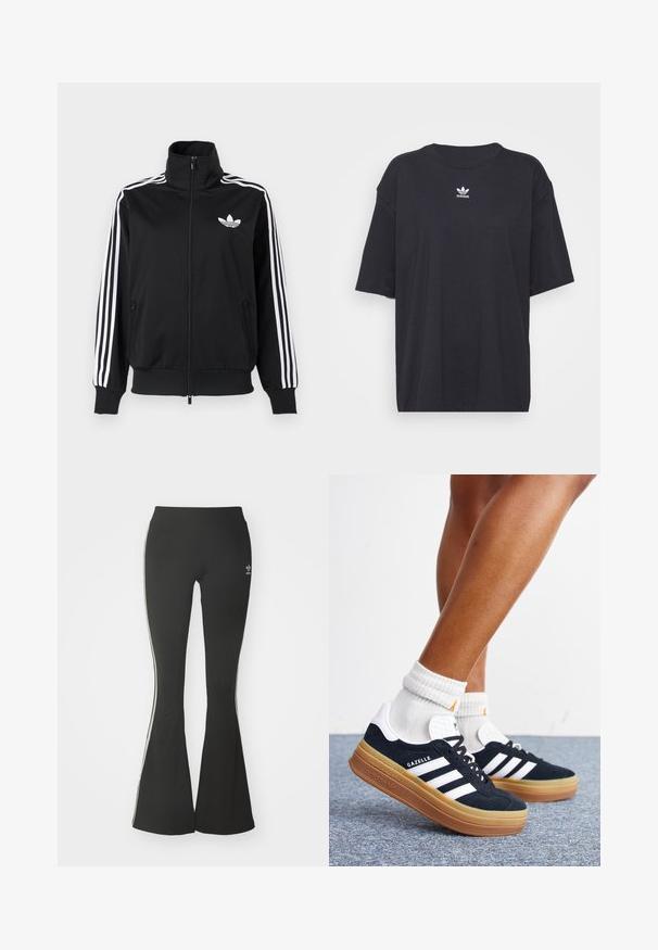 Čierna bunda na zips z hladkého materiálu, s bielymi tromi pruhmi na rukávoch a malým bielym logom na hrudi.; Čierne bavlnené tričko s krátkymi rukávmi, okrúhlym výstrihom, na hrudi s bielym logom Adidas. Jednoduchý dizajn, voľný strih.; Čierne rozšírené legíny z elastickej tkaniny, s vysokým pásom a bielymi bočnými pruhmi. Obsahujú malé logo na páse.; Nohy v bielych ponožkách a čiernych teniskách Adidas Gazelle s bielymi pruhmi a hrubými hnedými podrážkami na sivom koberci.