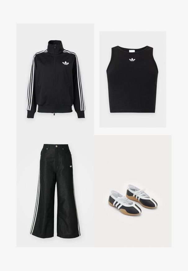 Chaqueta negra con cremallera hecha de tela suave, con acentos blancos de tres franjas en las mangas y un pequeño logo blanco en el pecho.; Top corto negro de canalé sin mangas con escote redondo y pequeño logo blanco de Adidas trefoil centrado cerca del cuello.; Pantalones de denim anchos y negros con tres franjas blancas en cada lado y un pequeño logo blanco. Cuenta con bolsillos frontales y un cierre de botón.; Zapatillas deportivas en blanco y negro con un diseño elegante, suela de goma, cierre de cordones y tres franjas blancas en los lados.