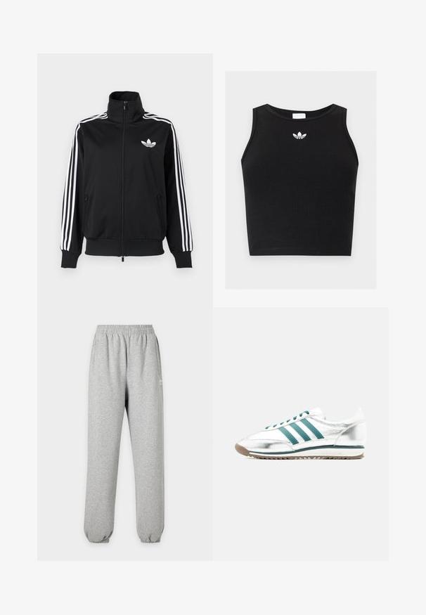 Zwarte jas met ritssluiting, gemaakt van gladde stof, met witte drie-strepen accenten op de mouwen en een klein wit logo op de borst.; Zwarte geribbelde mouwloze cropped top met ronde hals en klein wit Adidas trefoil-logo gecentreerd bij de kraag.; Lichtgrijze joggingbroek met elastische tailleband en boorden, zijzakken en een klein wit logo op het bovenbeen.; Witte en zilveren lage sneaker met groene strepen, groene veters, witte zool en rubberen buitenzool, van opzij afgebeeld op een effen achtergrond.
