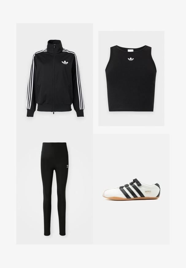 Zwarte jas met ritssluiting, gemaakt van gladde stof, met witte drie-strepen accenten op de mouwen en een klein wit logo op de borst.; Zwarte geribbelde mouwloze cropped top met ronde hals en klein wit Adidas trefoil-logo gecentreerd bij de kraag.; Zwarte legging van rekbaar materiaal met een hoge taille, voorzien van een klein wit Adidas-logo op het linkerbeen. Gladde textuur.; Witte Adidas Tokyo sneaker met zwarte strepen, zwarte klittenbandsluitingen en een gumzool, zijaanzicht op een witte achtergrond.