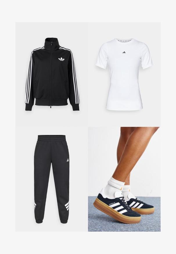 Zwarte jas met ritssluiting, gemaakt van gladde stof, met witte drie-strepen accenten op de mouwen en een klein wit logo op de borst.; Witte sportshirt met korte mouwen, gemaakt van zachte, rekbare stof. Voorzien van een klein zwart Adidas-logo op de borst.; Zwarte sweatpants met een elastische tailleband, taps toelopende benen en een wit drie-strepenontwerp aan de zijkanten. Gemaakt van zachte stof.; Ben met witte sokken en zwarte Adidas Gazelle sneakers met witte strepen en dikke bruine zolen op een grijs tapijt.