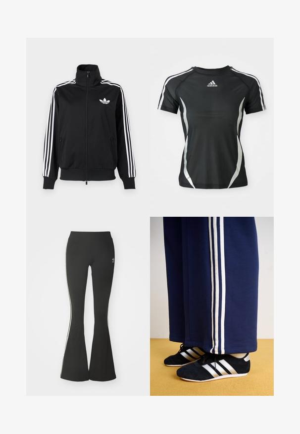 Mustast, siledast kangast tõmblukuga jakk, millel on valged kolm triipu varrukatel ja väike valge logo rinnal.; Mustad mustade lühikeste varrukatega Adidas sportpoliisik, millel on valged triibud õlgadel ja hõbedased kaarjad aktsendid külgedel.; Mustad laiad leggingud venivast kangast, kõrgema vöökohtaga ja valgete külgtriipudega. Sisaldab väikest logo vöökohtadel.; Tumesinised spordipüksid kolme valge vertikaalse triibuga ja mustad športlikud kingad hõbedaste triipudega ning tekstuuriga pinnaga. Kollane põrand.