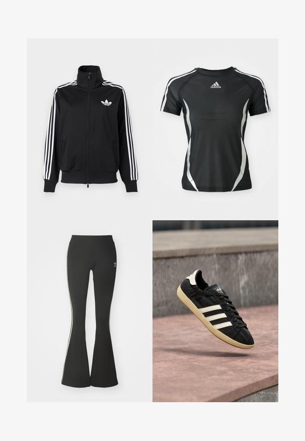 Schwarze Zip-up-Jacke aus glattem Stoff, mit weißen Drei-Streifen-Akzenten an den Ärmeln und einem kleinen weißen Logo auf der Brust.; Schwarzes Adidas Sport-T-Shirt mit kurzen Ärmeln, weißen Streifen an den Schultern und silbernen gewölbten Akzenten an den Seiten.; Schwarze ausgestellte Leggings aus Stretchmaterial mit hohem Bund und weißen Seitenstreifen. Inklusive kleinem Logo am Bund.; Schwarzer Adidas-Sneaker mit weißen Streifen und beiger Sohle, in der Luft über einer steinernen Oberfläche und mit Steinwand im Hintergrund aufgenommen.