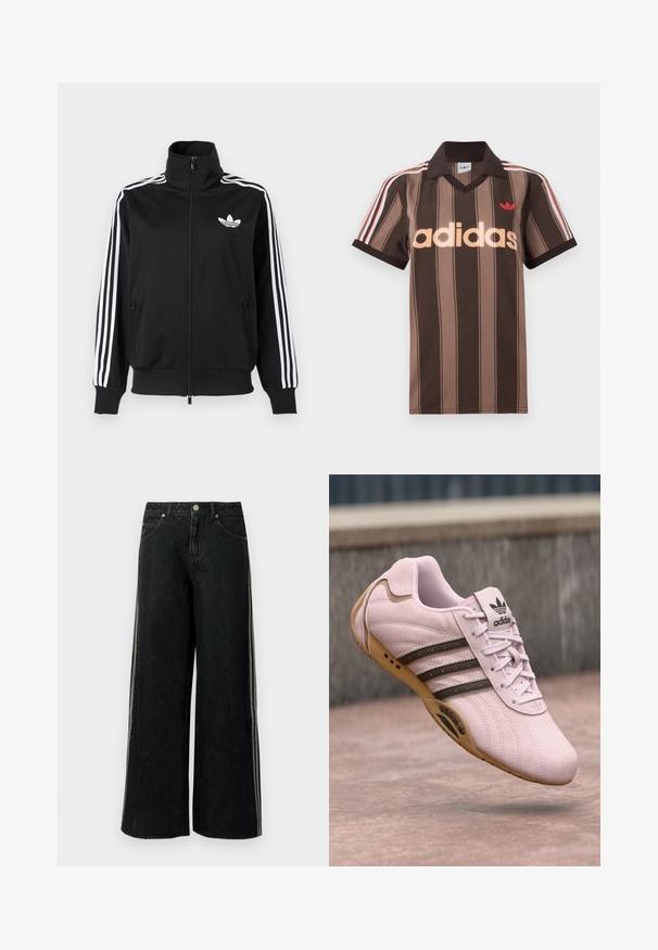 Zwarte jas met ritssluiting, gemaakt van gladde stof, met witte drie-strepen accenten op de mouwen en een klein wit logo op de borst.; Bruine gestreepte Adidas polo met V-hals, bordeauxrode kraag en rood logo. Heeft witte en rode schouderstrepen, korte mouwen.; Zwarte denim jeans met wijde pijpen, zijstrepen, voorzakken, lussen voor een riem en een metalen knoopsluiting in de taille.; Roze suède sportieve schoen met rubberen zool, voorzien van drie donkere strepen, veters, en het Adidas-logo op de tong. Rondneus ontwerp.