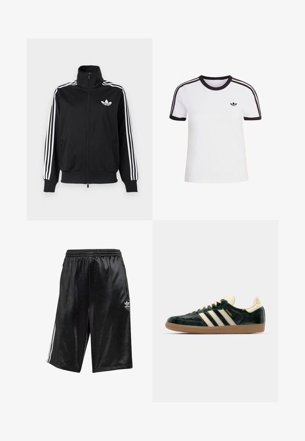 Zwarte jas met ritssluiting, gemaakt van gladde stof, met witte drie-strepen accenten op de mouwen en een klein wit logo op de borst.; Wit T-shirt met korte mouwen en zwarte accenten, voorzien van een ronde hals en drie zwarte strepen op elke schouder. Klein zwart logo op de borst.; Zwarte sportshorts van gladde stof, met een trekkoord in de taille, zijzakken en drie witte strepen langs de zijkanten.; adidas Originals SAMBA OG - Sneakers laag - cream white/collegiate green