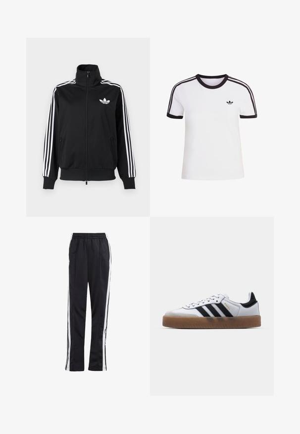 Sort lynlåstrøje lavet af glat stof med hvide tre-stribe accenter på ærmerne og et lille hvidt logo på brystet.; Hvid kortærmet t-shirt med sorte detaljer, der har rund halsudskæring og tre sorte striber på hver skulder. Lille sort logo på brystet.; Sorte træningsbukser med hvide sidelister, elastisk talje og et logo-patch. Fremstillet af glat, letvægtsstof. Lige ben design.; Hvide lædersneakers med sorte striber, gummirubber sål, rund tå, snørelukning og blød grå ruskinds tåhætte.