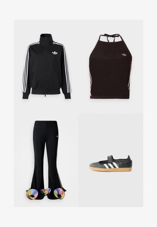 Zwarte jas met ritssluiting, gemaakt van gladde stof, met witte drie-strepen accenten op de mouwen en een klein wit logo op de borst.; Zwarte mesh halter crop top met een textuurpatroon. Voorzien van roze accentstrepen en een klein logo aan de voorkant. Sluiting met strik aan de achterkant.; Zwarte sportbroek met een brede, uitlopende snit. Voorzien van kleurrijke, gerimpelde onderranden en witte zijstrepen. Gemaakt van rekbaar materiaal.; Zwarte leren en suède sneaker met een klittenbandsluiting, voorzien van drie witte strepen en een gumzool, met de naam "SAMBA" aan de zijkant.