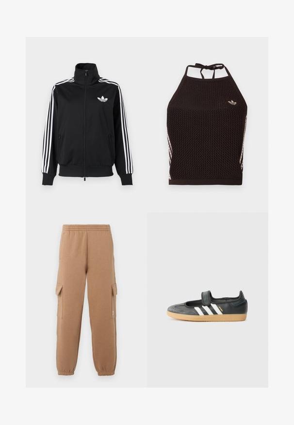 Zwarte jas met ritssluiting, gemaakt van gladde stof, met witte drie-strepen accenten op de mouwen en een klein wit logo op de borst.; Zwarte mesh halter crop top met een textuurpatroon. Voorzien van roze accentstrepen en een klein logo aan de voorkant. Sluiting met strik aan de achterkant.; Tan cargobroeken van zachte stof met een elastische tailleband, opgesneden enkels en zijzakken, met een klein logo-detail.; Zwarte leren en suède sneaker met een klittenbandsluiting, voorzien van drie witte strepen en een gumzool, met de naam "SAMBA" aan de zijkant.