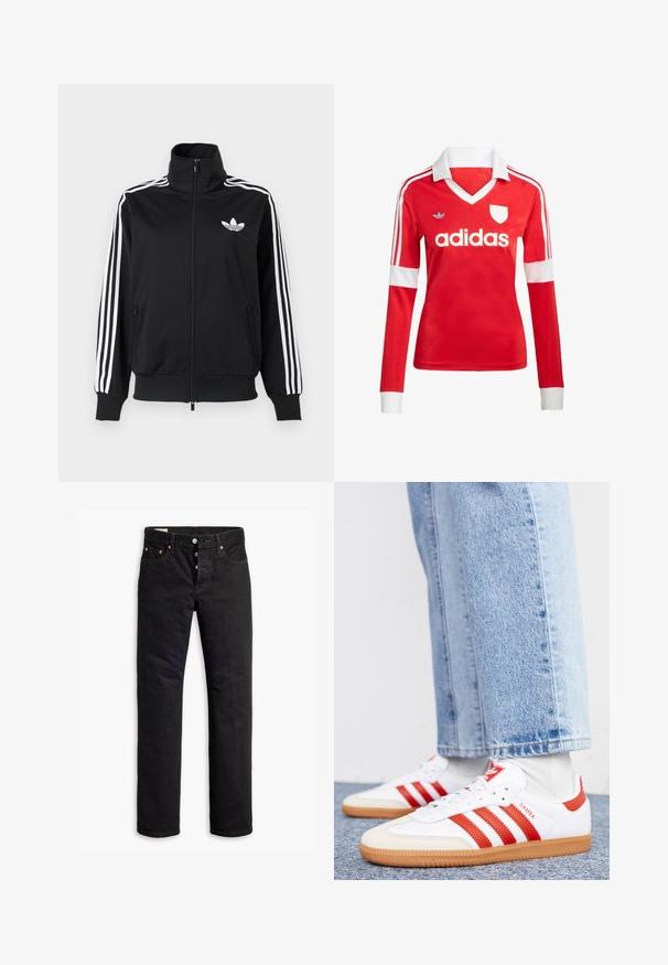 Čierna bunda na zips z hladkého materiálu, s bielymi tromi pruhmi na rukávoch a malým bielym logom na hrudi.; Červený futbalový dres s dlhým rukávom a bielym golierom a manžetami. Na ramenách sú tri biele pruhy a výrazne zobrazené logo "adidas".; Čierne denimové džínsy so strihom do rovna, dizajnom na päť vreciek a zapínaním na gombíky. Obsahujú meďou potiahnuté nitové doplnky a jemné švy.; Biele kožené tenisky s červenými pruhmi a akcentmi. Majú štruktúrovanú gumovú podrážku a polstrovaný golier. Nosené s svetlomodrými džínsami.