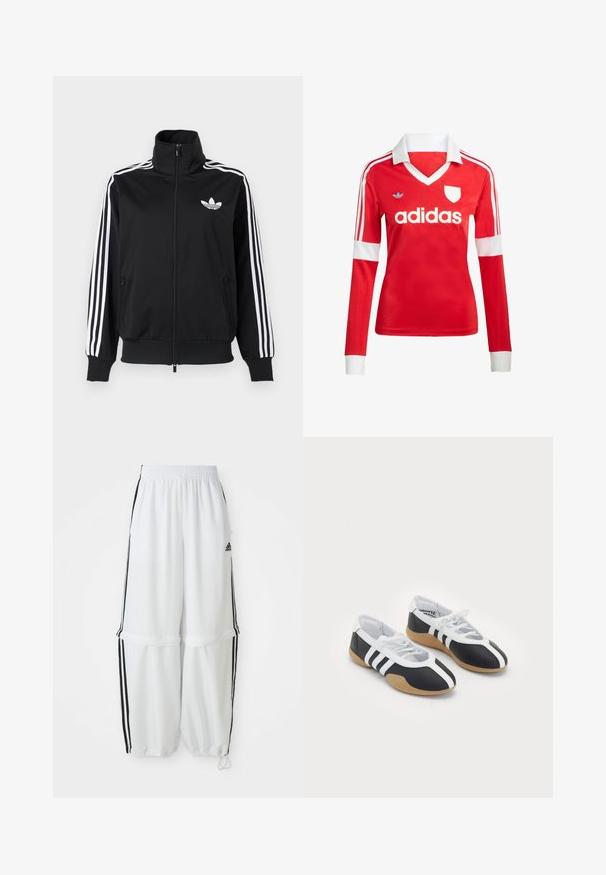 Zwarte jas met ritssluiting, gemaakt van gladde stof, met witte drie-strepen accenten op de mouwen en een klein wit logo op de borst.; Rode lange mouwen voetbalshirt met een witte kraag en manchetten. Heeft drie witte strepen op de schouders en het "adidas" logo prominent weergegeven.; Witte sportbroek met een relaxte pasvorm, elastische tailleband en zwarte zijkanten. Voorzien van ritszakken en elastische boorden bij de enkels.; Zwart-witte sport schoenen met een slank ontwerp, rubberen zool, vetersluiting en drie witte strepen aan de zijkanten.