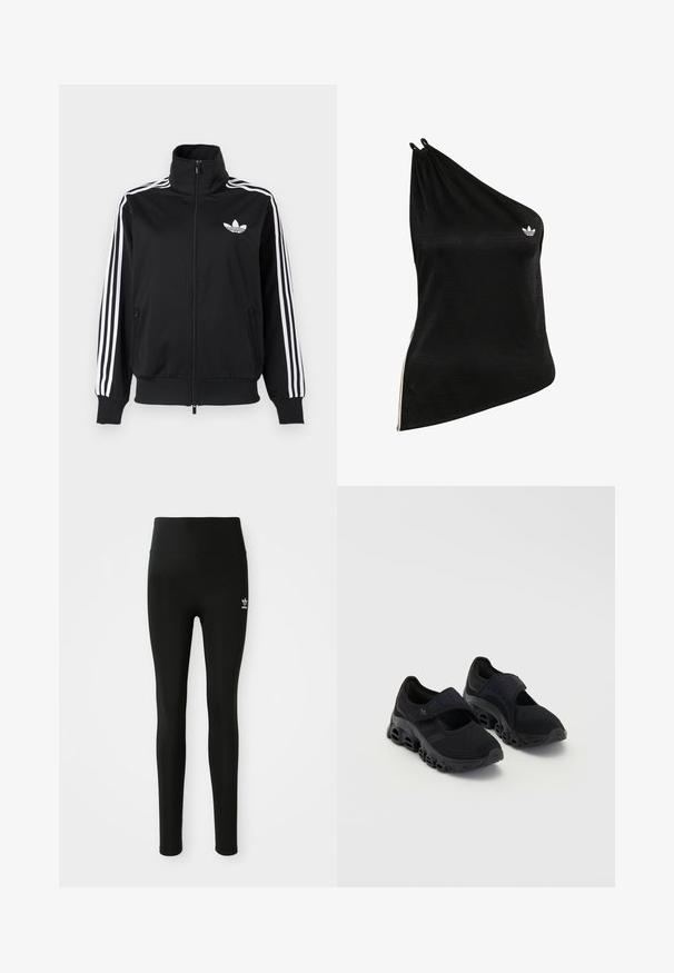 Čierna bunda na zips z hladkého materiálu, s bielymi tromi pruhmi na rukávoch a malým bielym logom na hrudi.; Čierny top na jedno rameno vyrobený z mäkkej, hladkej látky s jemným geometrickým vzorom a malým bielym logom na hrudi.; Čierne legíny vyrobené z elastického materiálu s vysokým pásom, s malým bielym logom Adidas na ľavom stehne. Hladká textúra.; Čierne športové topánky s priehľadnou vrstvou, bezpečným remienkom cez priehlavok, hrubou podrážkou s zaoblenými výrezmi a štruktúrovaným detailom po stranách.
