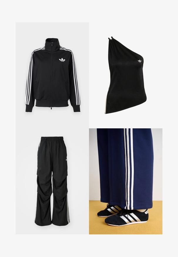 Čierna bunda na zips z hladkého materiálu, s bielymi tromi pruhmi na rukávoch a malým bielym logom na hrudi.; Čierny top na jedno rameno vyrobený z mäkkej, hladkej látky s jemným geometrickým vzorom a malým bielym logom na hrudi.; Čierne voľné nohavice s elastickým pásom, sťahovacou šnúrkou a bielymi bočnými prúžkami; vyrobené z ľahkej tkaniny s hladkou textúrou.; Námornícke tepláky s tromi bielymi vertikálnymi pruhmi a čiernymi atletickými topánkami so striebornými pruhmi a textúrovaným povrchom. Žltá podlaha.
