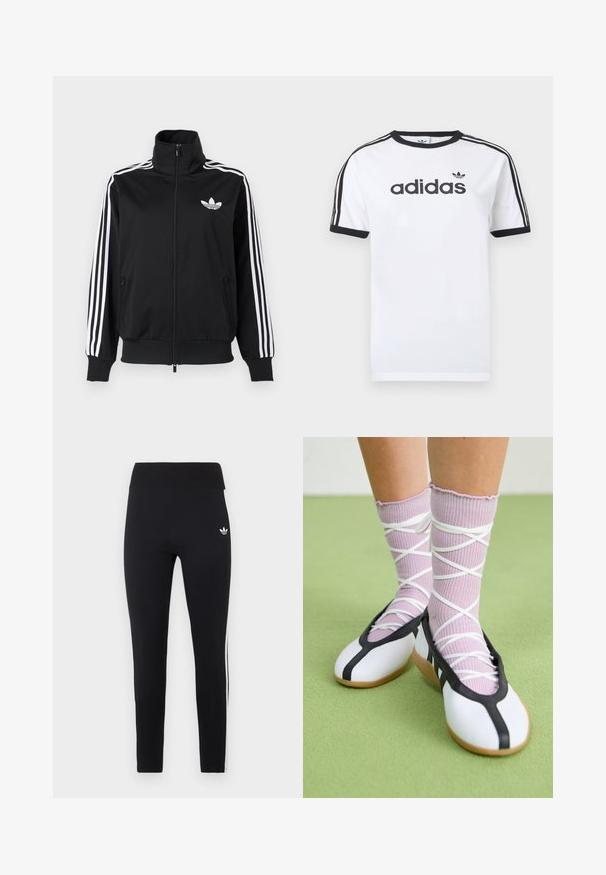 Veste noire zippée en tissu lisse, avec des accents à trois bandes blanches sur les manches et un petit logo blanc sur la poitrine.; T-shirt en coton blanc avec accents noirs, doté d'un col rond, de manches courtes, de trois bandes noires sur les épaules et du logo "adidas" en noir.; Leggings de sport noir taille haute avec logo blanc sur la hanche et trois bandes blanches sur les côtés.; Jambes portant des chaussettes lavande côtelées avec des brides blanches croisées, associées à des ballerines blanches avec un bord noir sur un sol vert.