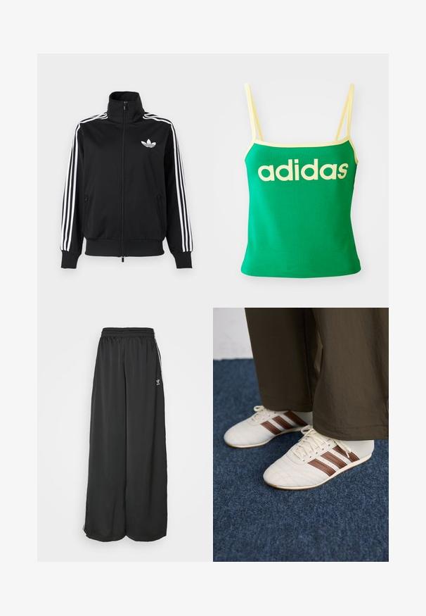 Schwarze Zip-up-Jacke aus glattem Stoff, mit weißen Drei-Streifen-Akzenten an den Ärmeln und einem kleinen weißen Logo auf der Brust.; Grünes Tanktop mit gelben Akzenten, aus dehnbarem Material. Lieferumfang: großes gelbes "adidas"-Logo auf der Vorderseite und dünne Träger.; Schwarze, locker sitzende Jogginghosen aus glattem Material. Mit elastischem Bund und seitlichen Streifen mit Logo-Akzenten.; Weiße Sneaker mit braunen Streifen, getragen mit braunen Hosen auf einem blauen Teppichboden.