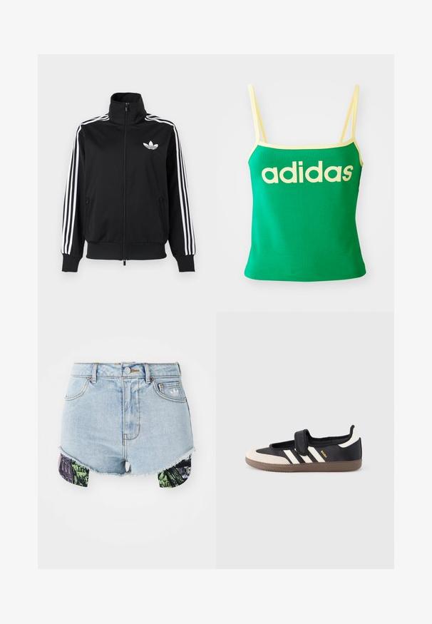 Chaqueta negra con cremallera hecha de tela suave, con acentos blancos de tres franjas en las mangas y un pequeño logo blanco en el pecho.; Top verde con detalles amarillos, hecho de material elástico. Presenta un gran logo de "adidas" amarillo en el frente y tirantes delgados.; Pantalones cortos de mezclilla en azul claro, con un dobladillo deshilachado y tela de patrón colorido en los laterales con imágenes y texturas urbanas.; Zapatilla negra y beige con una correa de velcro, tres rayas blancas en el lateral y una suela de goma marrón texturizada. Logotipo de la marca visible.