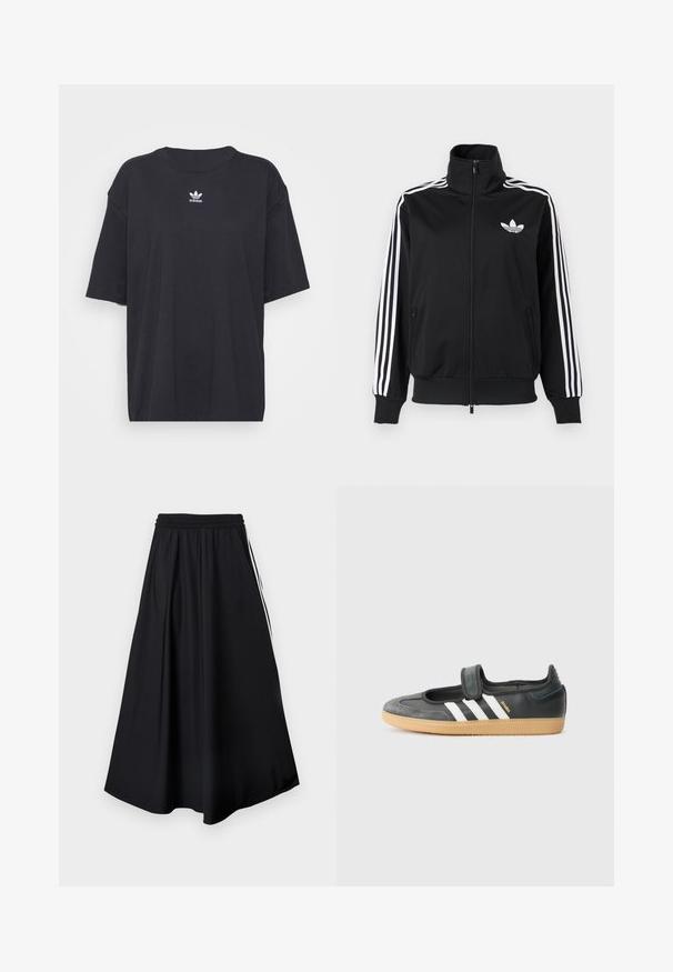 Veste noire zippée en tissu lisse, avec des accents à trois bandes blanches sur les manches et un petit logo blanc sur la poitrine.; T-shirt en coton noir à manches courtes, col rond, avec un logo Adidas blanc sur la poitrine. Design simple, coupe décontractée.; Pantalon noir à jambes larges avec taille élastique et bandes blanches sur les côtés, présenté sur un fond blanc uni.; Sneaker en cuir noir et suède avec une sangle Velcro, arborant trois bandes blanches et une semelle en caoutchouc, étiqueté "SAMBA" sur le côté.