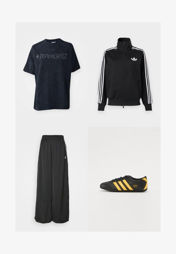 Veste noire zippée en tissu lisse, avec des accents à trois bandes blanches sur les manches et un petit logo blanc sur la poitrine.; T-shirt noir à manches courtes en tissu doux, avec un motif texturé et orné de strass formant le mot "+TEAMGEIST."; Pantalons de jogging noirs amples en tissu lisse. Comprend une taille élastique et des bandes latérales avec des accents de logo.; Chaussure de sport en cuir noir avec un design à trois rayures jaunes, embout arrondi, lacets noirs et petit logo sur le côté. Silhouette profil bas.