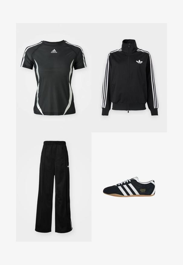 Sort lynlåstrøje lavet af glat stof med hvide tre-stribe accenter på ærmerne og et lille hvidt logo på brystet.; Sort Adidas atletisk T-shirt med korte ærmer, hvide striber på skuldrene og sølvfarvede buede detaljer på siderne.; Sorte brede træningsbukser med elastisk talje, prydet med hvide side-striber og et lille logo på venstre hofte. Glat stofstruktur.; Sort ruskinds sneaker med hvide tre striber, guldlogo og en brun gummisål. Har et lavprofil snørebåndsdesign.