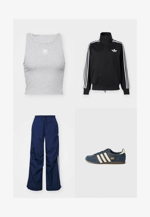 Čierna bunda na zips z hladkého materiálu, s bielymi tromi pruhmi na rukávoch a malým bielym logom na hrudi.; Šedý, bezrukávový crop top vyrobený z jemnej látky, s okrúhlym výstrihom a malým bielym logom Adidas na hrudi.; Tmavomodré, ľahké nohavice s elastickým pásom a sťahovacou šnúrkou, so svetlými bočnými pásmi a malým logom na prednej strane. Strih voľného strihu.; Námornícky modré semišové tenisky s krémovými pruhmi, textúrovanou špičkou, zlatým logom "adidas JAPAN" a hnedou gumovou podrážkou. Klasický nízky dizajn.