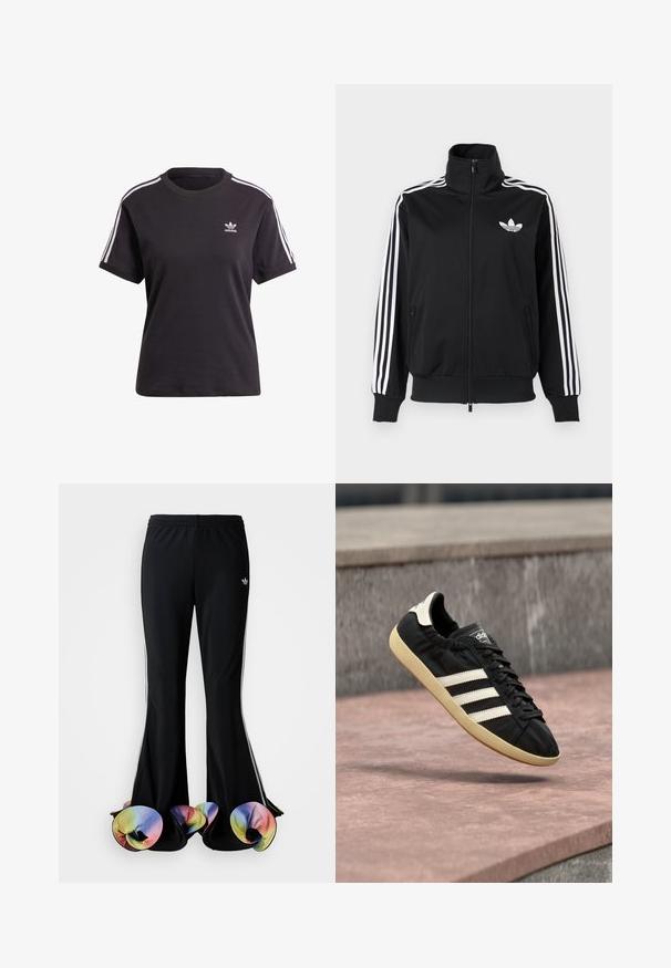 Sort lynlåstrøje lavet af glat stof med hvide tre-stribe accenter på ærmerne og et lille hvidt logo på brystet.; Sort bomulds t-shirt med korte ærmer og rund hals, der har hvide striber på skuldrene og et lille hvidt Adidas-logo på brystet.; Sorte træningsbukser med en bred flared design. Har farverige, flæset nederste kanter og hvide sidelister. Lavet af strækstof.; Sort Adidas sneaker med hvide striber og beige sål, fanget i luften over en stenet overflade og baggrund af en stenmur.