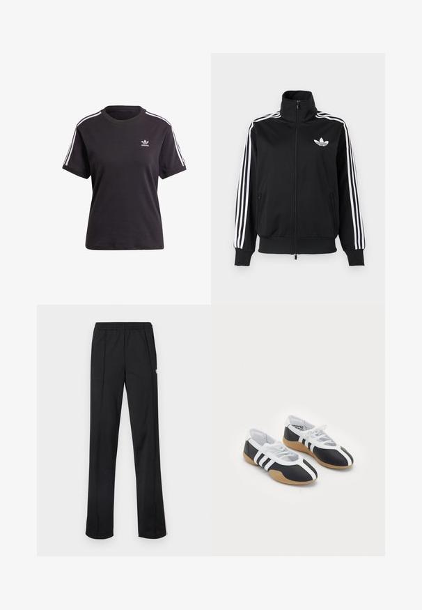 Schwarze Zip-up-Jacke aus glattem Stoff, mit weißen Drei-Streifen-Akzenten an den Ärmeln und einem kleinen weißen Logo auf der Brust.; Schwarzes Baumwoll-T-Shirt mit kurzen Ärmeln und Rundhalsausschnitt, mit weißen Streifen auf den Schultern und einem kleinen weißen Adidas-Logo auf der Brust.; Schwarze Sporthose mit elastischem Bund, geraden Beinen und weißem Logodetail an der Seite. Hergestellt aus leichtem, glattem Stoff.; Schwarz-weiße Sportschuhe mit einem eleganten Design, Gummisohle, Schnürverschluss und drei weißen Streifen an den Seiten.