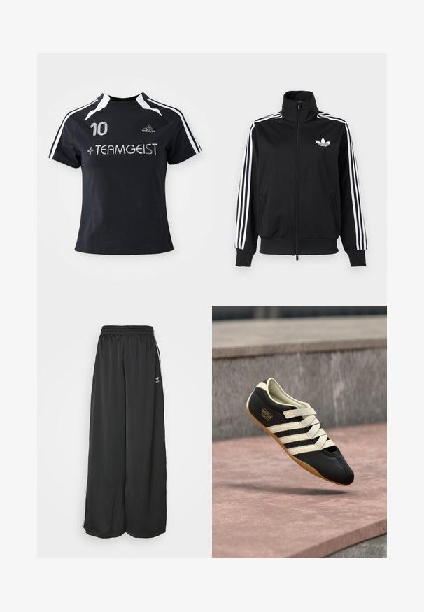 Mustast, siledast kangast tõmblukuga jakk, millel on valged kolm triipu varrukatel ja väike valge logo rinnal.; Must must sleevesega jersy, millel on valged triibud, esiküljel on broderitud number "10" ja "+ TEAMGEIST". Valmistatud pehmest ja hingavast materjalist.; Mustad, vabalt langevad spordipüksid, mis on valmistatud siledast kangast. Omab elastset vöökoht ja külgedel triibusid koos logo aktsentidega.; Mustad sportjalats kreemjate triipude ja paeltega, madala profiili, siledapinnaline ja kummist tallaga haarduvuse tagamiseks. Brändi silt on nähtav.
