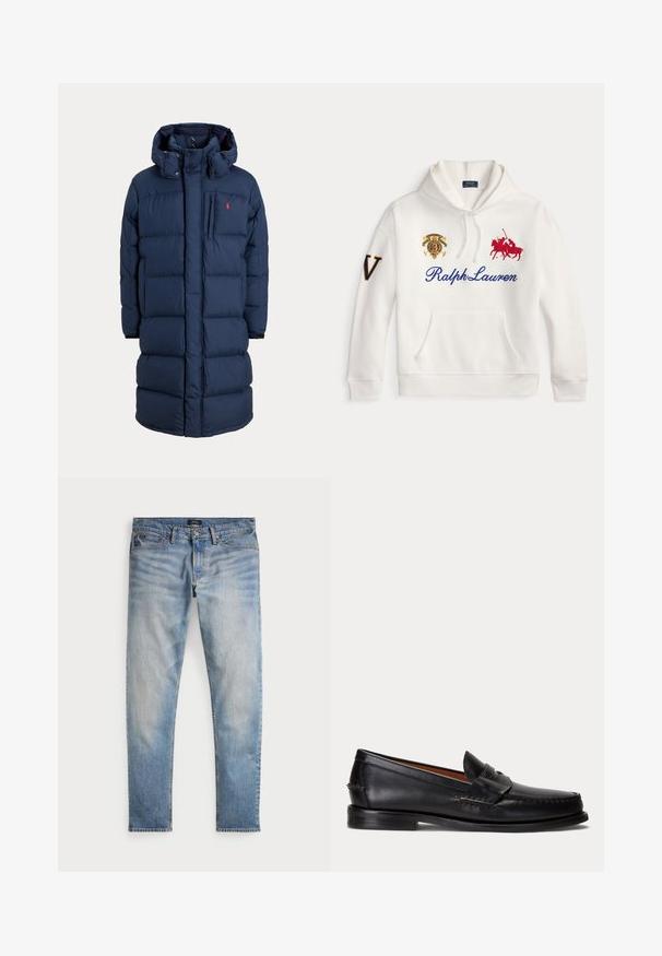 Marineblauer langer gepolsterter Wintermantel mit Kapuze, Frontreißverschluss, Brusttasche und kleinem roten Logo auf der linken Brustseite.; Weißer Hoodie mit Ralph Lauren Text in Blau, besticktem roten Polospieler-Logo, Wappenemblem auf der Brust und großem Buchstaben V am linken Ärmel.; Helle blaue Denim-Jeans mit einem ausgewaschenen Finish, Fünf-Taschen-Design und kontrastierenden Nähten. Mit Reißverschluss und Gürtelschlaufen. Gerade geschnitten.; Schwarzer Lederloafer mit niedrigem Absatz und Pennyriemendetail, von der Seite auf hellgrauem Hintergrund gezeigt.