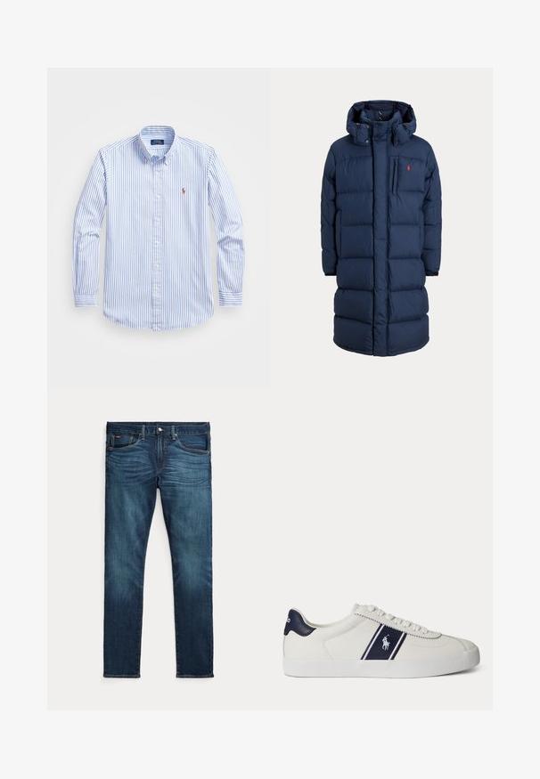 Manteau d'hiver long matelassé bleu marine avec capuche, fermeture éclair à l'avant, poche poitrine et petit logo rouge sur la partie gauche de la poitrine.; Chemise boutonnée à rayures bleu clair et blanches, avec un col, des manches longues et un petit logo sur la poitrine. Matière en coton.; Jean slim bleu foncé avec bouton et fermeture éclair à l'avant, cinq poches et une subtile décoloration sur l’avant des cuisses et des genoux.; Baskets basses blanches avec bande et logo bleu marine sur le côté, languette de talon bleu marine, semelle blanche plate et lacets blancs.
