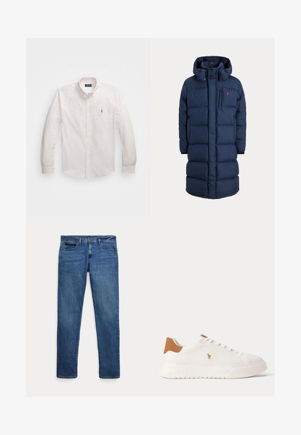 Marineblauwe lange gewatteerde winterjas met capuchon, rits aan de voorkant, borstzak en een klein rood logo op het linker borstgebied.; Witte button-up blouse met dunne verticale strepen in lichtbeige. Heeft een klassieke kraag, lange mouwen en een klein geborduurd logo op de borst.; Blauwe denim jeans met een slim fit, voorzien van voorkantzakken, riemlussen en een knoopsluiting op een witte achtergrond.; Witte lage sneaker met beige hieltab, witte veters en klein geborduurd polo spelerlogo aan de zijkant boven een dikke zool.