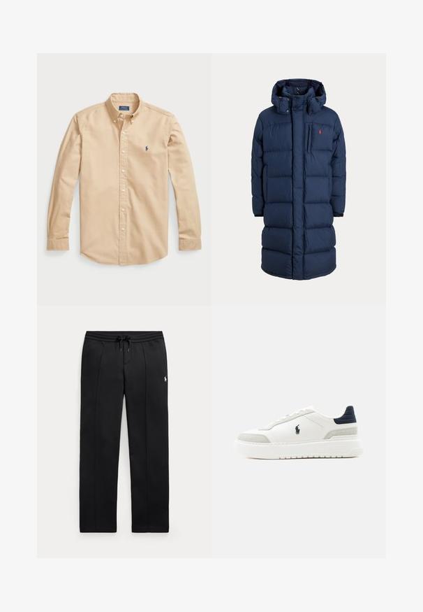 Manteau d'hiver long matelassé bleu marine avec capuche, fermeture éclair à l'avant, poche poitrine et petit logo rouge sur la partie gauche de la poitrine.; Chemise boutonnée beige clair en coton, avec un col classique, des manches longues, des boutons blancs et un petit logo bleu sur la poitrine.; Pantalon de survêtement noir à jambes droites avec taille à cordon et petit logo blanc sur la cuisse gauche, présenté à plat sur un fond clair.; Baskets basses blanches avec languette de talon noire, accents en daim gris, semelle épaisse et logo Polo noir sur le côté extérieur.