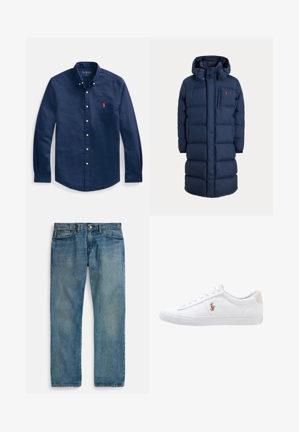 Marineblauwe lange gewatteerde winterjas met capuchon, rits aan de voorkant, borstzak en een klein rood logo op het linker borstgebied.; Marineblauw katoenen overhemd met knopen, voorzien van een puntige kraag, lange mouwen en een klein rood geborduurd logo op de borst.; Lichtblauwe denim jeans met een rechte pijpvorm, voorzien van vijf zakken, een knoopsluiting en subtiele vervaging voor textuur.; Witte canvas sneakers met een laag ontwerp, featuring een beige hieltab en een klein geborduurd logo aan de zijkant. Rubber zool.