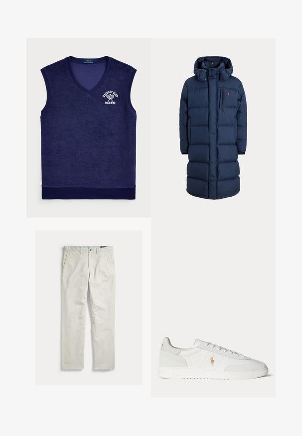 Marineblauer langer gepolsterter Wintermantel mit Kapuze, Frontreißverschluss, Brusttasche und kleinem roten Logo auf der linken Brustseite.; Seegrüne ärmellose Poloshirt aus Frottee-Material; verfügt über einen V-Ausschnitt, gerippten Kragen und ein weißes Logo mit Tennisschlägern.; Hellbeige gerade Hose mit Eingrifftaschen, Gürtelschlaufen und Knopfverschluss, flach auf weißem Hintergrund dargestellt.; Weißer Sneaker in niedriger Ausführung mit Schnürdesign, goldenem Polo Ralph Lauren Logo an der Seite und strukturierter Sohle auf einfarbigem Hintergrund.